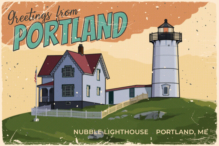 Nubble Lighthouse postcard design and illustration by Andy Camp